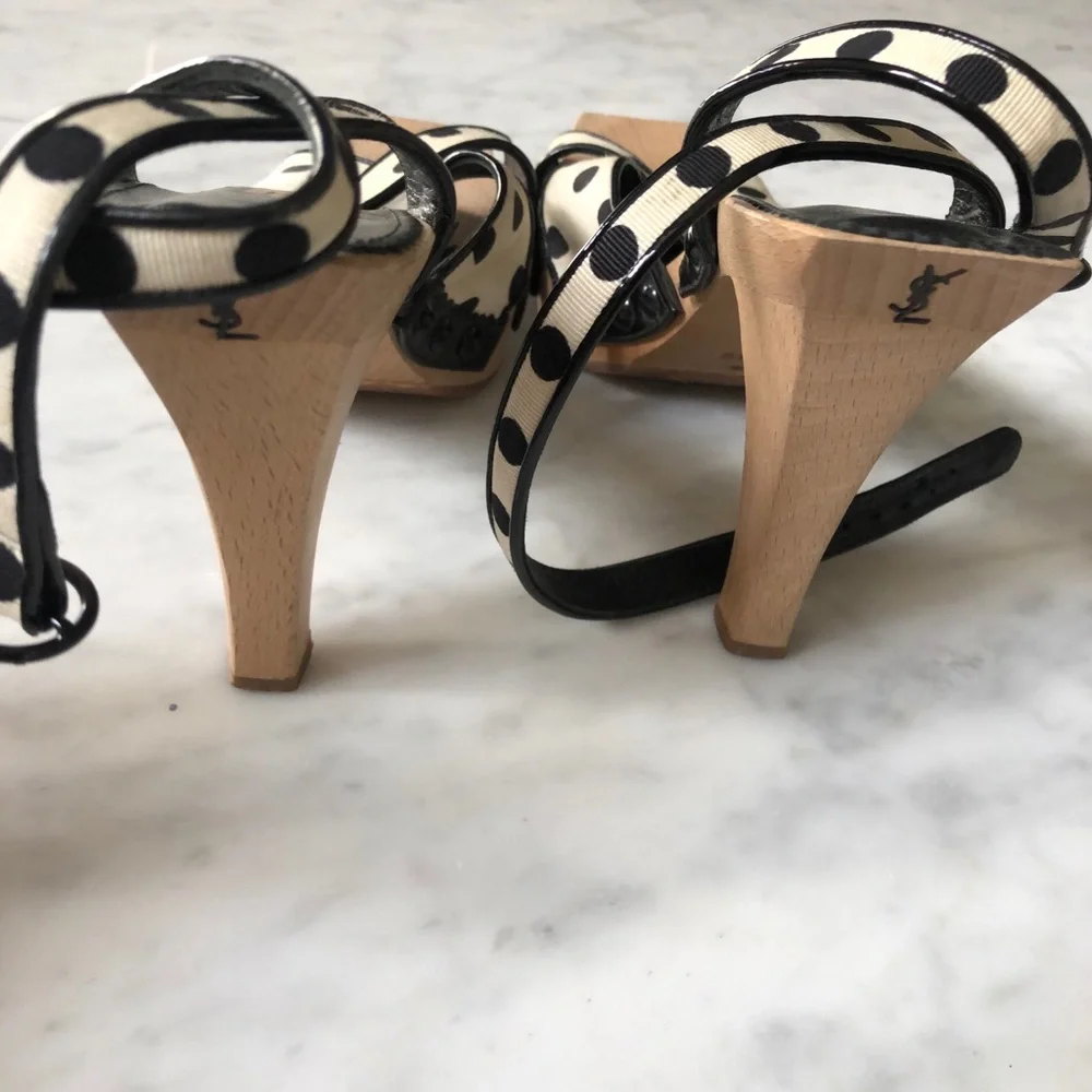 Yves Saint Laurent Black and Cream Polka Dot Slingback Heels